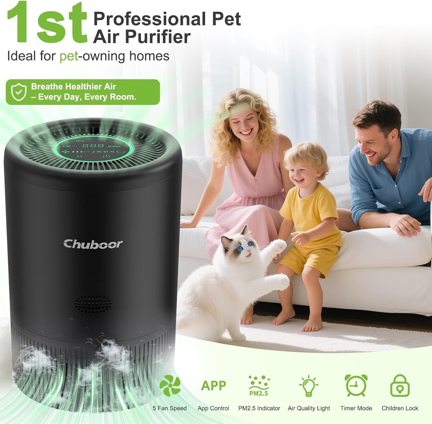 Smart HEPA Air Purifier 1200ft² App Alexa PM2.5 Pets Quiet