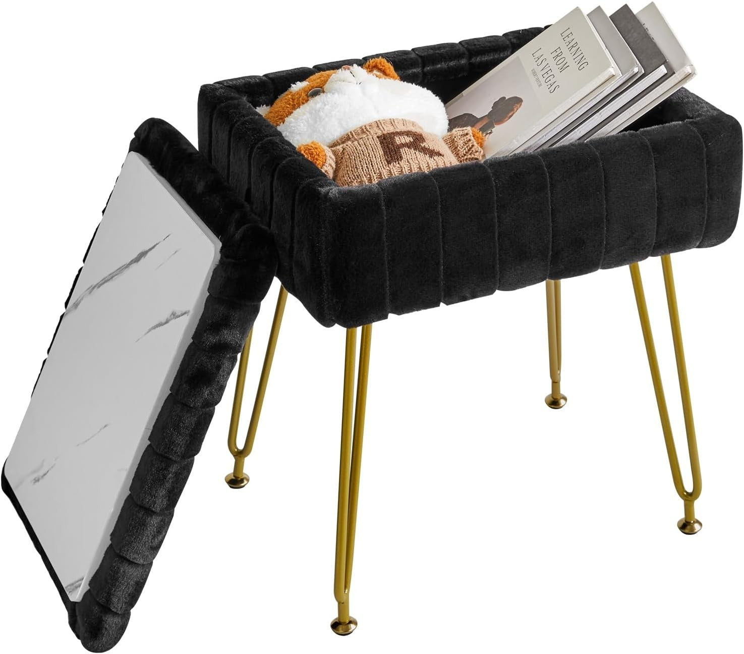 Black Faux Fur Storage Footstool – Modern Vanity Stool with Metal Legs