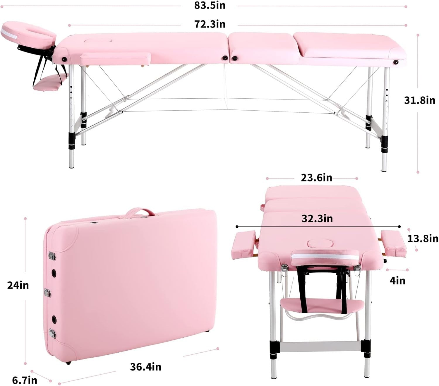 Portable Massage Table Foldable 3-Section Aluminium Therapy Beauty Bed Pink