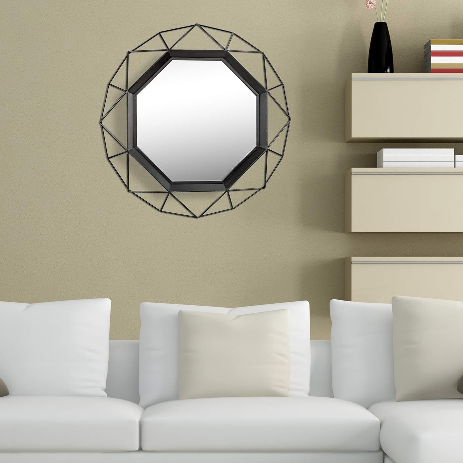 28" Black Geometric Wall Mirror Octagon Metal Frame for Bedroom Hallway
