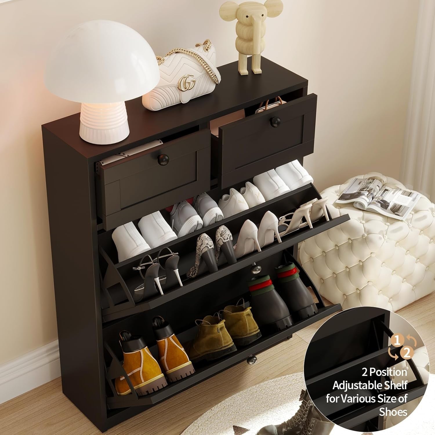 Modern Black Shoe Storage Cabinet 2 Flip Drawers & Shelves | Freestanding