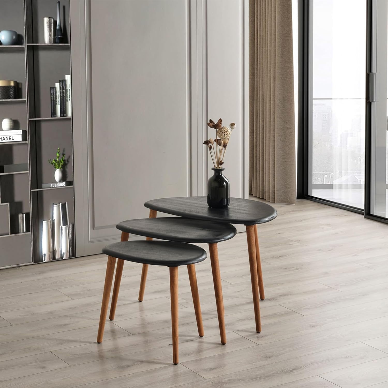 Black Wood Oval Nesting Coffee Side End Table Set of 3 Mid-Century Modern