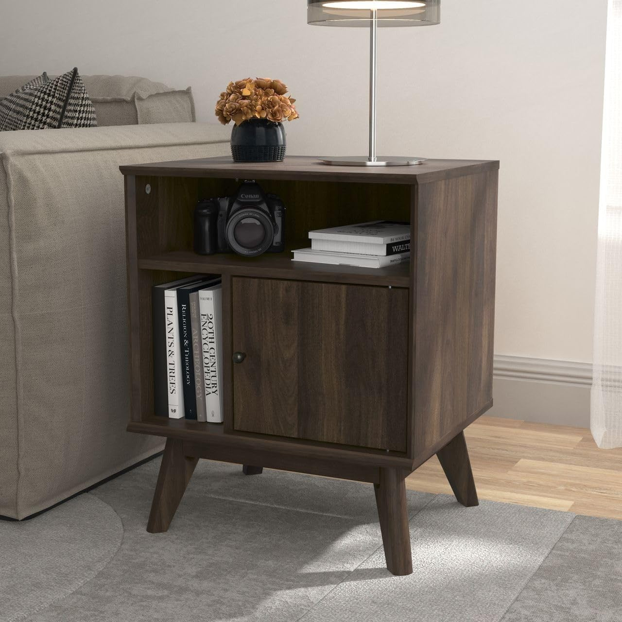 Modern Walnut Bedside Table with Drawer & Open Shelf – Slim Wooden Side Table