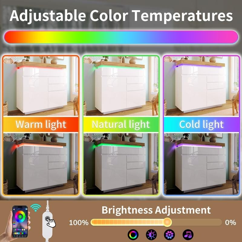 High Gloss Sideboard Cabinet with LED Lights, 2 Door 3 Drawer Storage