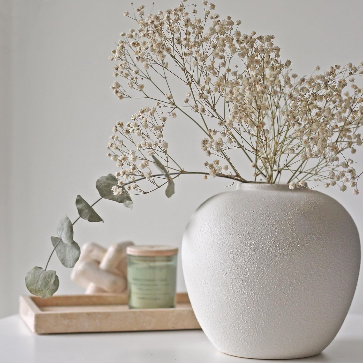 White Ceramic Flower Vase 20cm Round Minimalist Leak-Proof Home Décor