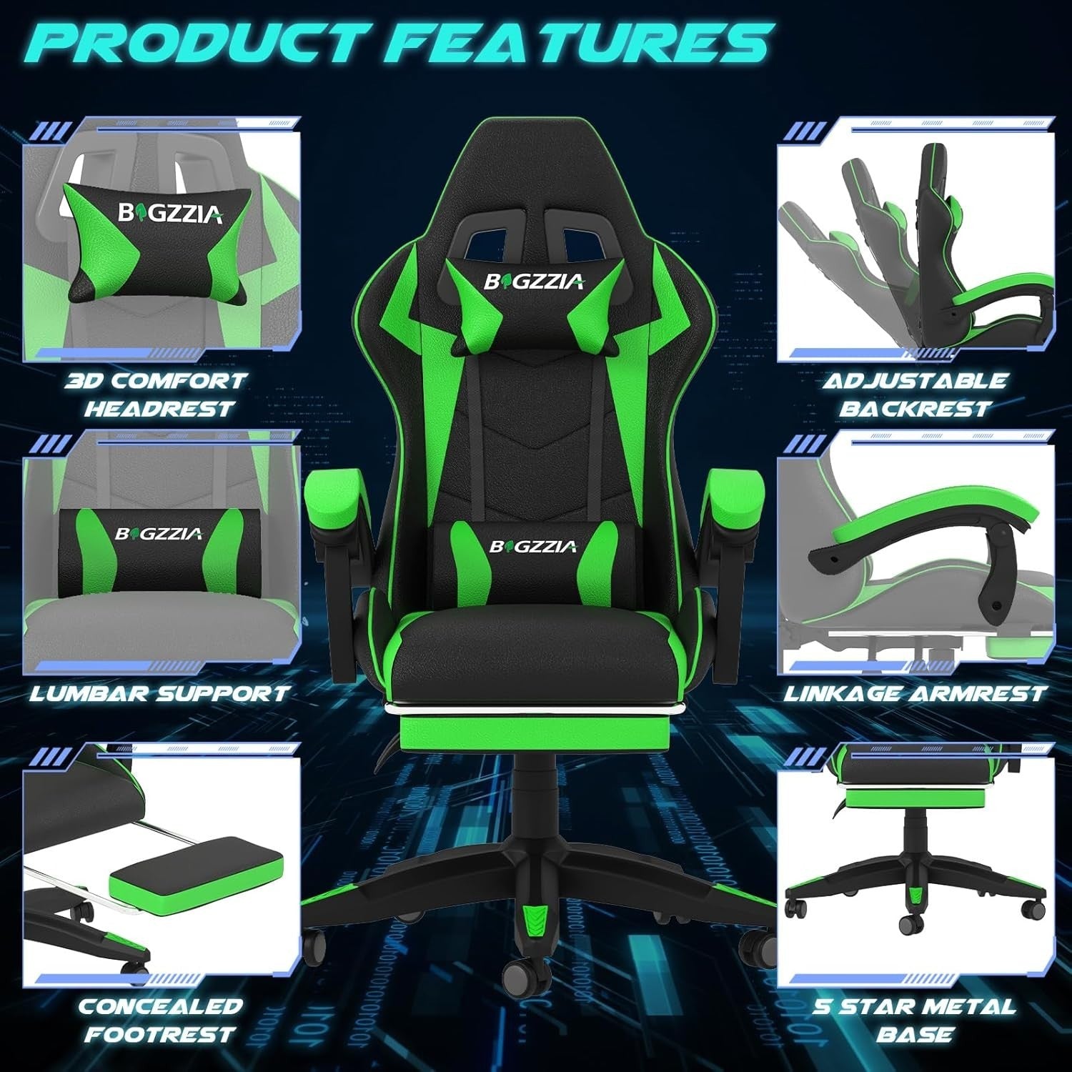 Gaming Chair Ergonomic High Back Adjustable Lumbar Reclining PU Leather Green/Bl