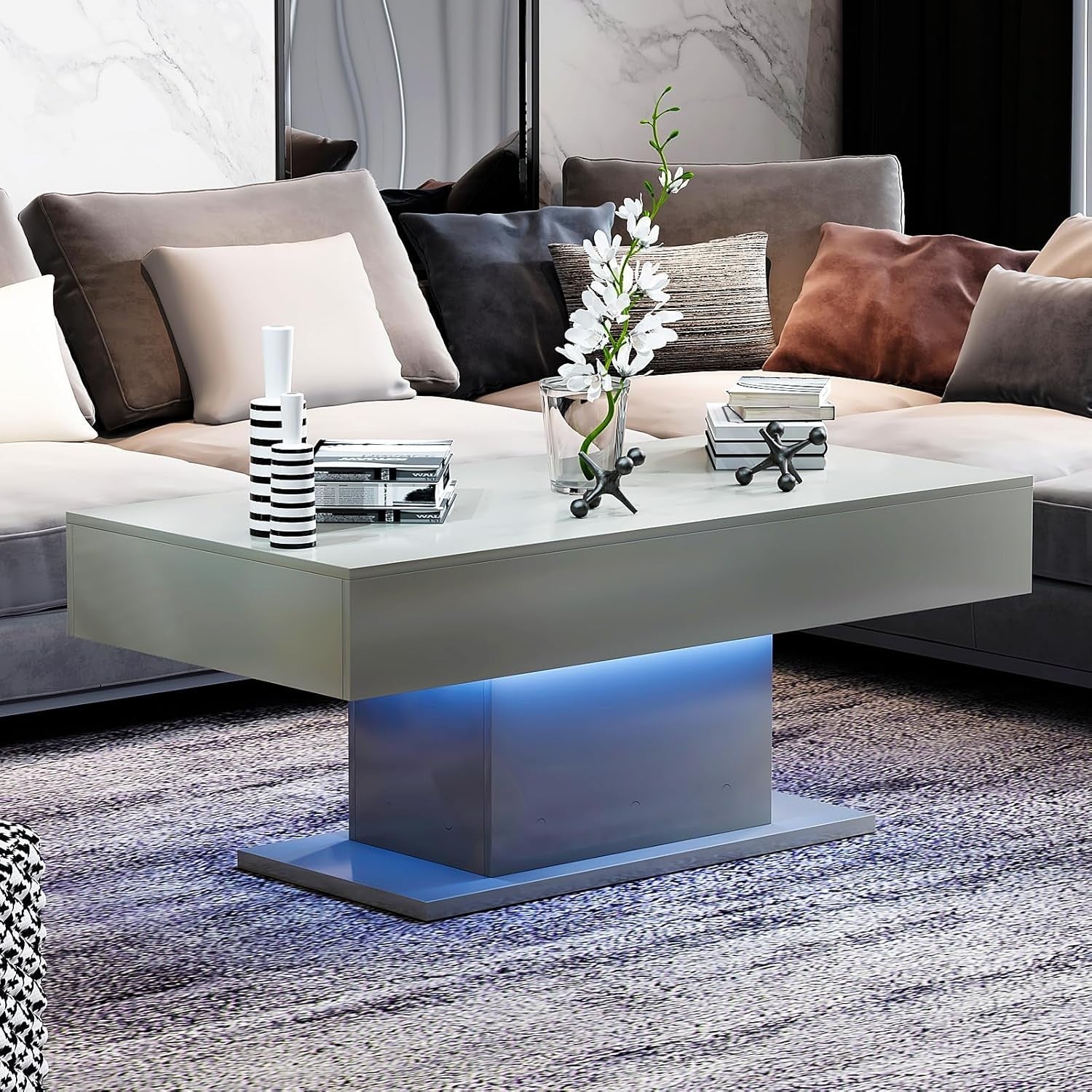 Modern Grey LED Coffee Table, High Gloss Rectangular 110x55cm