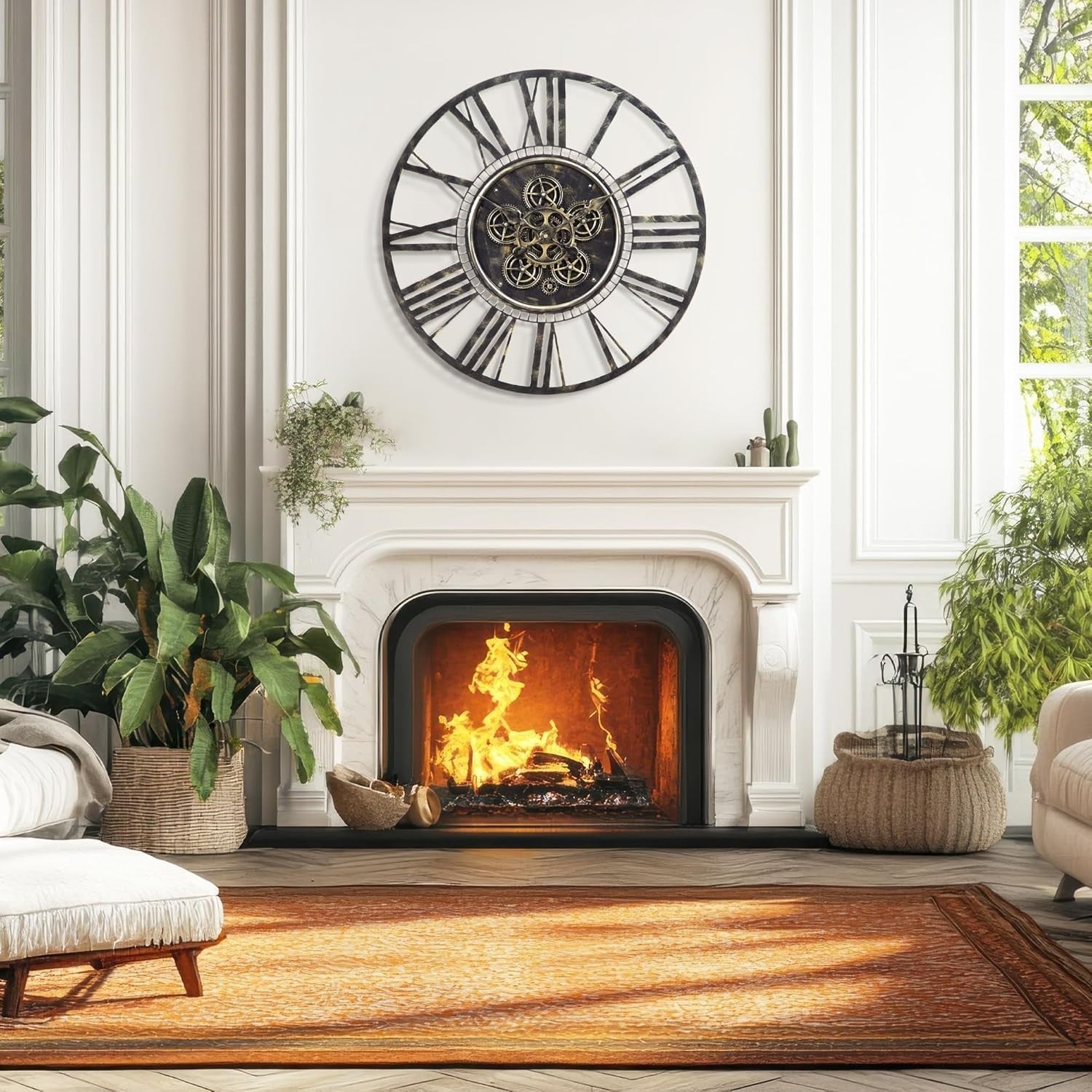Large 20" Industrial Steampunk Gear Wall Clock | Vintage Brass Roman Numerals