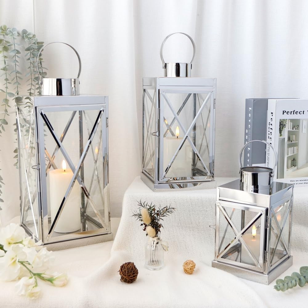 Set of 3 Silver Stainless Steel Lanterns Candle Holders
