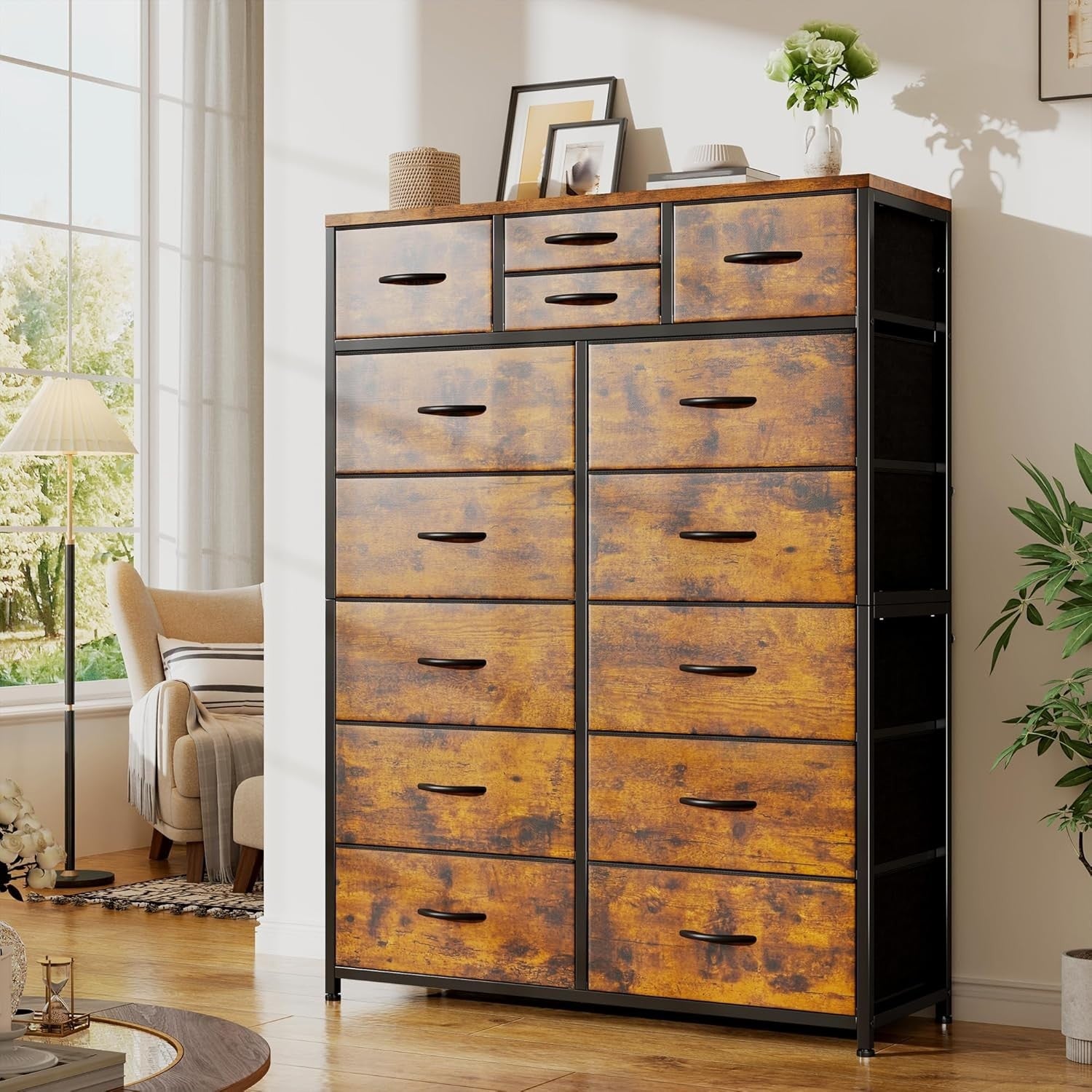 Tall Chest of Drawers 14 Fabric Storage Units Rustic Wood Metal Frame