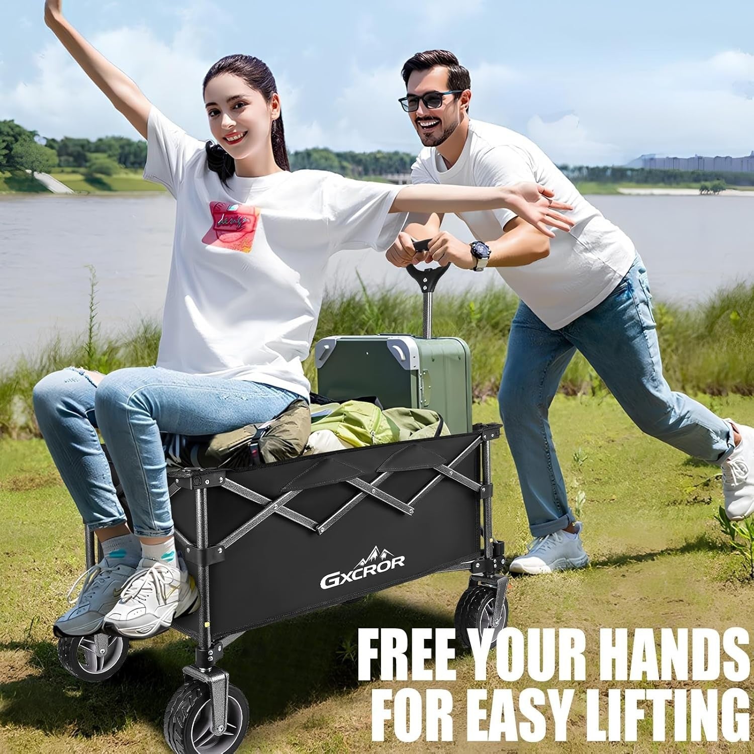 Black 140L Heavy Duty Folding Wagon 130kg Trolley 14.5cm Wide Wheel Cart