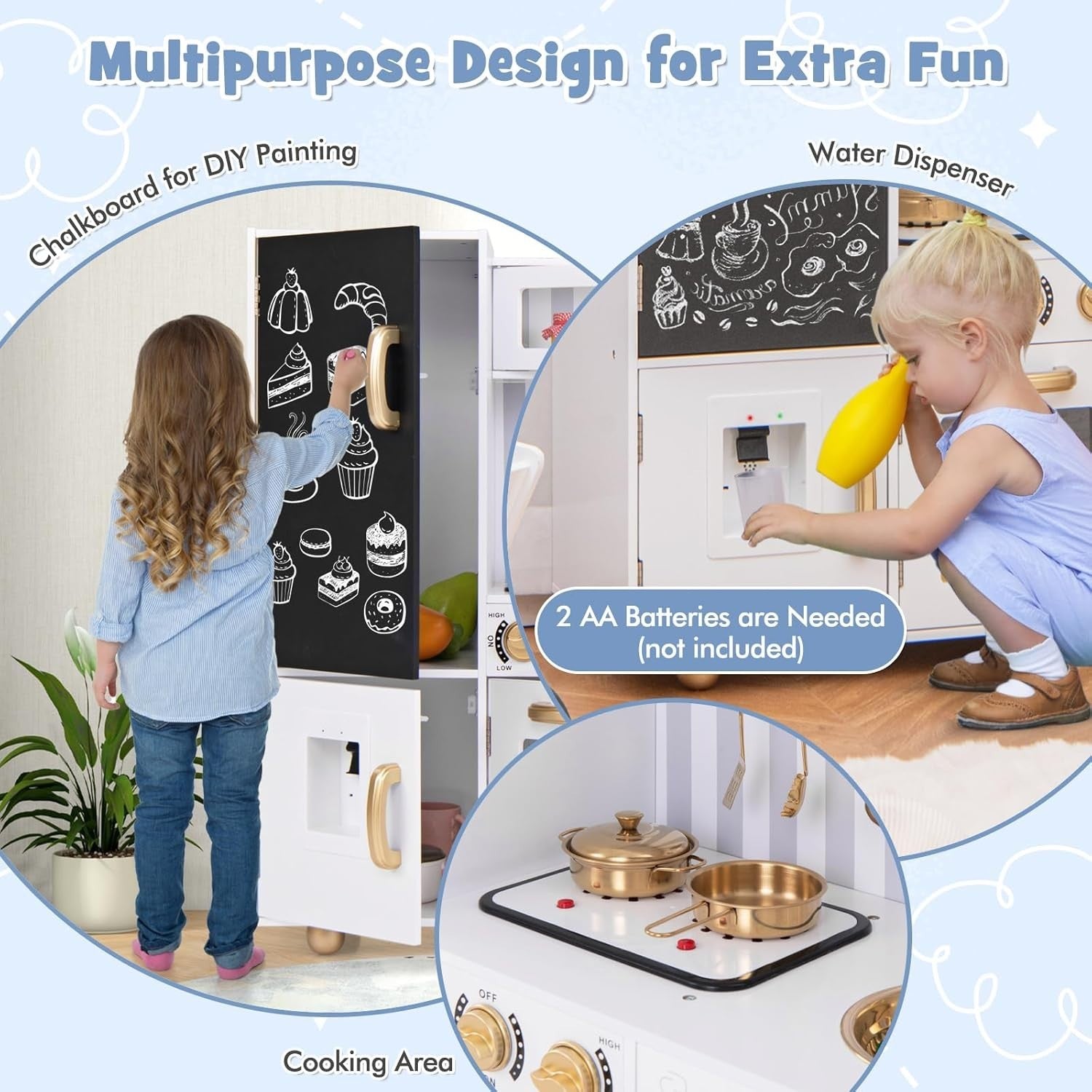 Kids Wooden Play Kitchen Lights Sounds Water Dispenser White Gold
