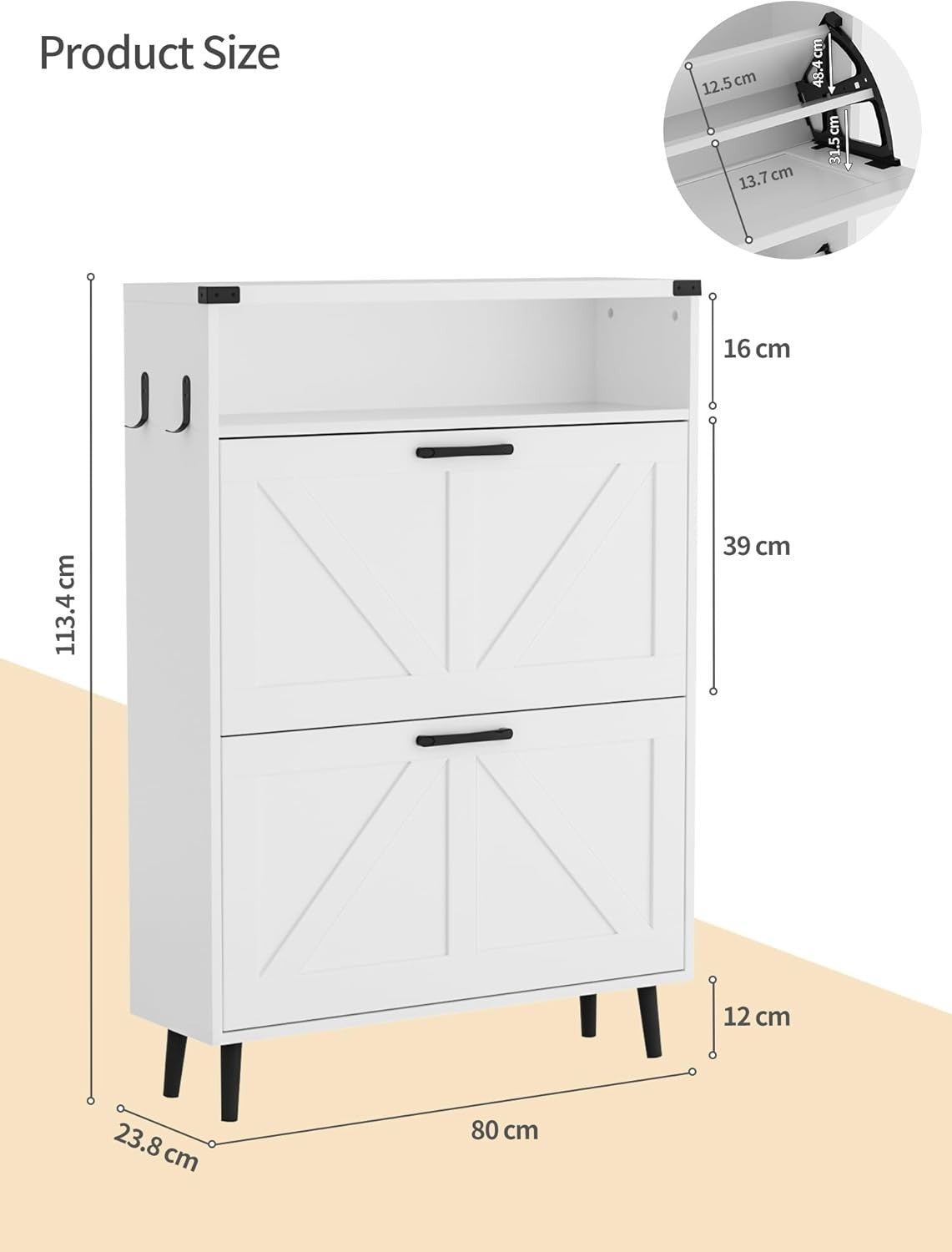 Slim White Shoe Cabinet with 2 Flip Drawers & Adjustable Shelves, Narrow Hallway