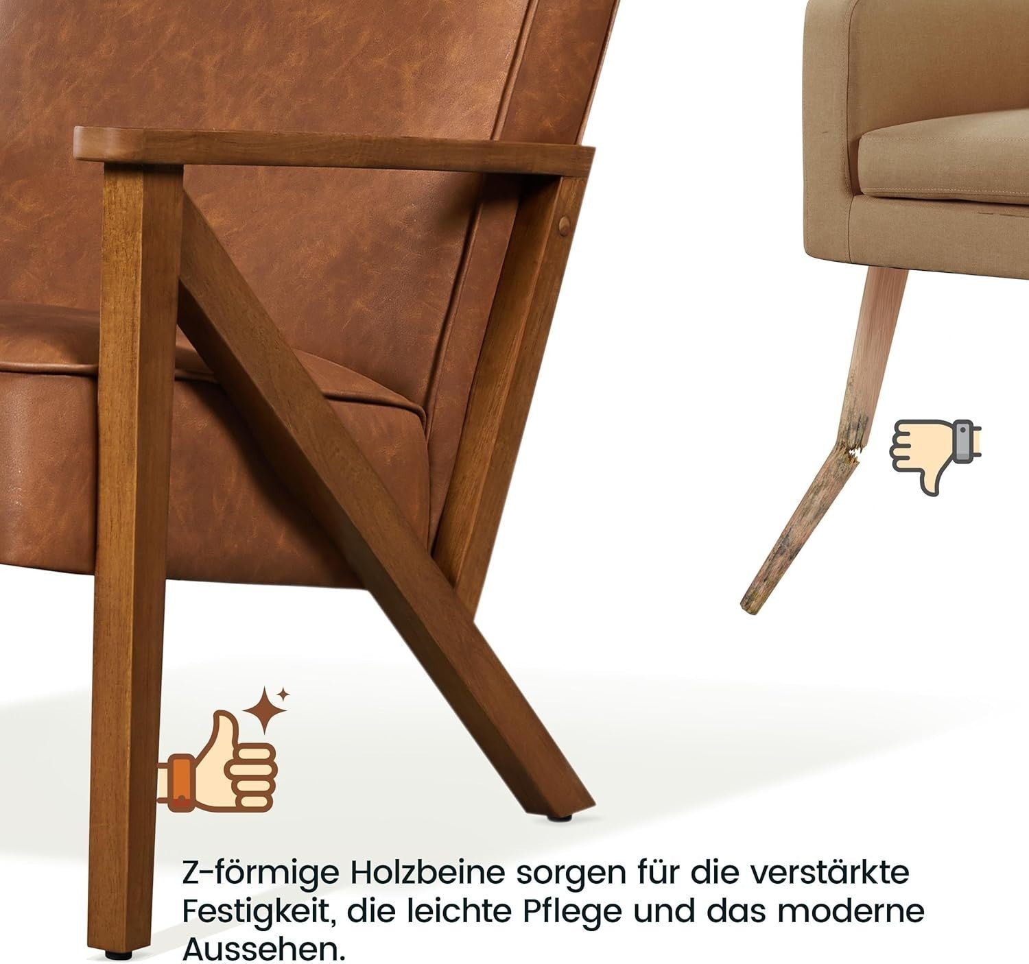 Retro Faux Leather Armchairs Set of 2, Lounge Chairs with Wood Legs