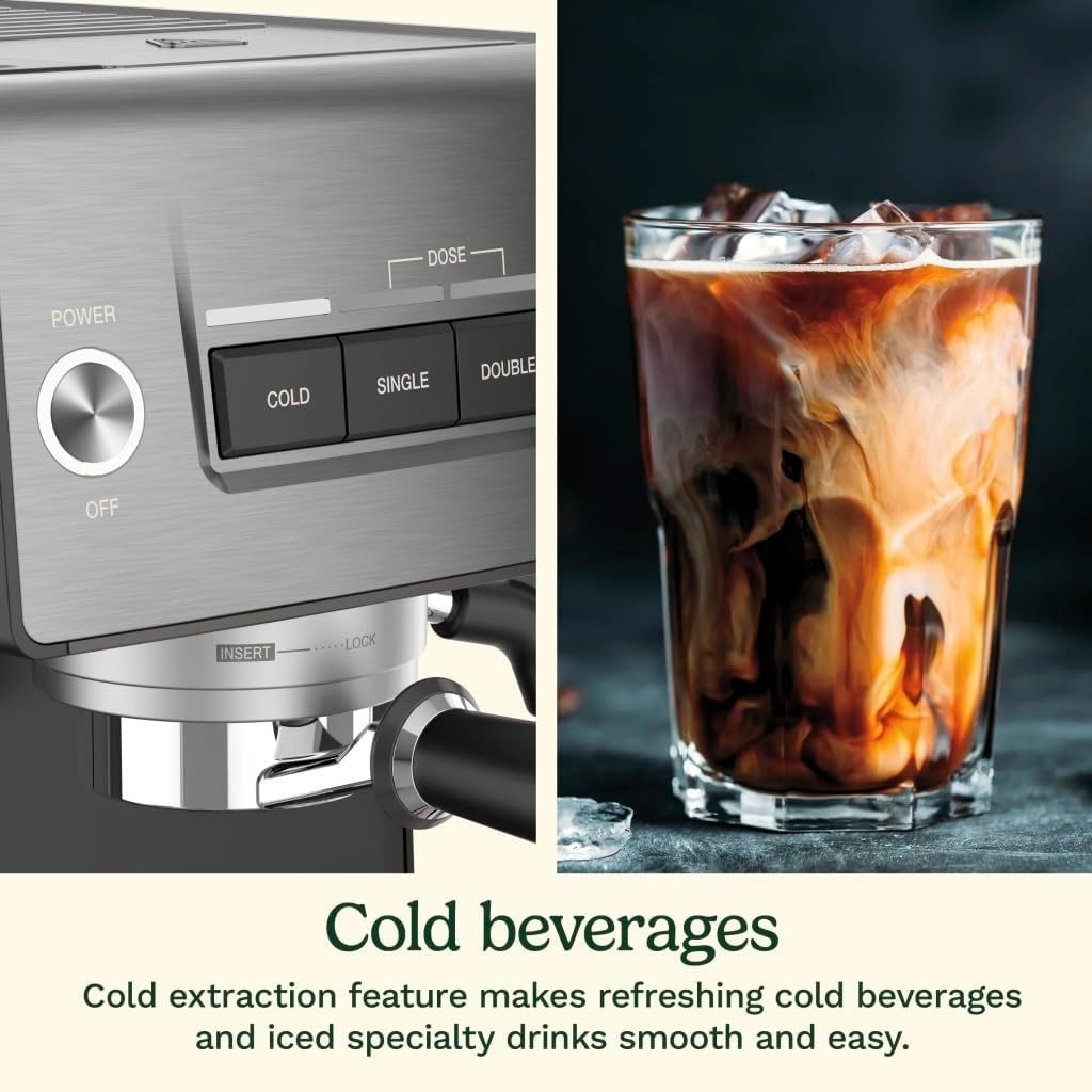 20 Bar Espresso Machine Steam Wand Cold Brew Feature Stainless Steel Black