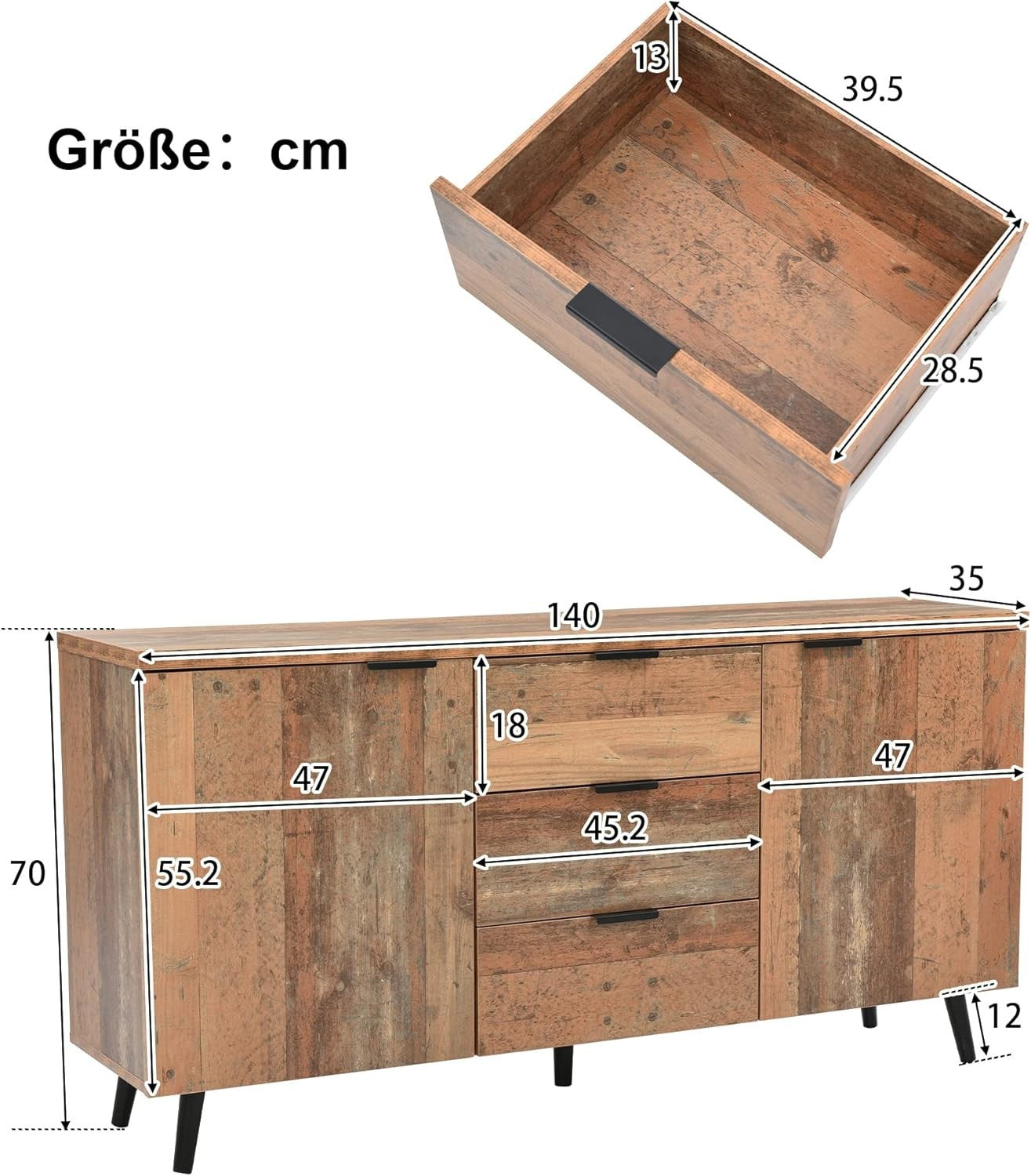 Rustic Sideboard Cabinet with 2 Doors & 3 Drawers, Adjustable Shelves Storage