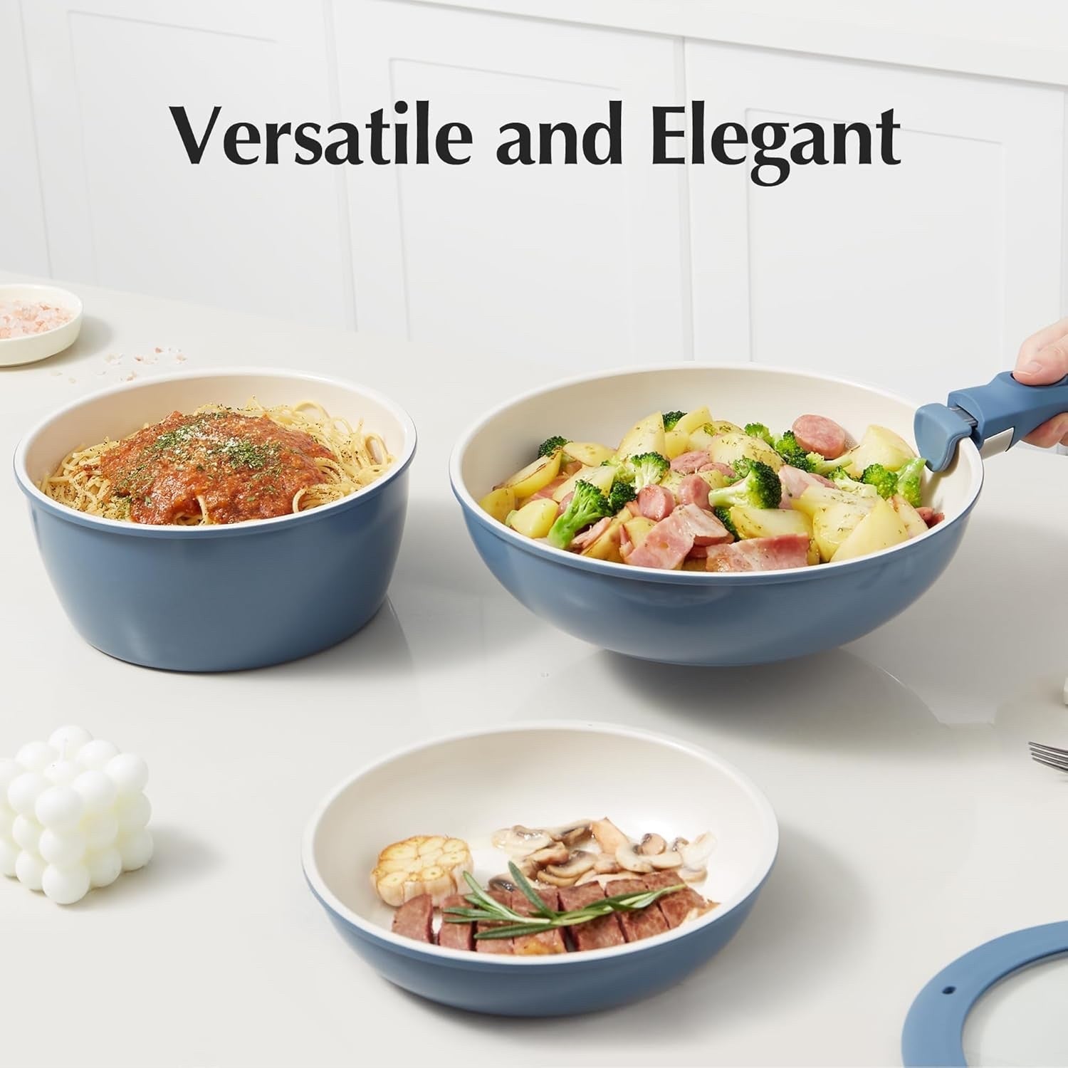 5pcs Blue Non Stick Ceramic Cookware Set with Detachable Handle Induction Safe