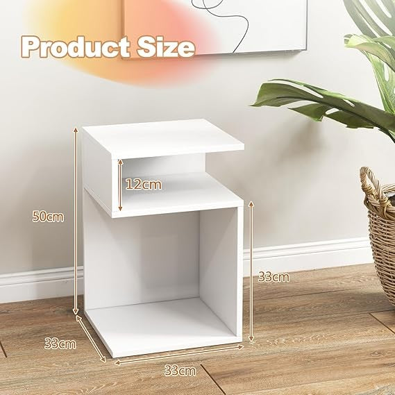 S-Shaped Side Table Set of 2 Modern Narrow Bedside Tables with Storage Shelves
