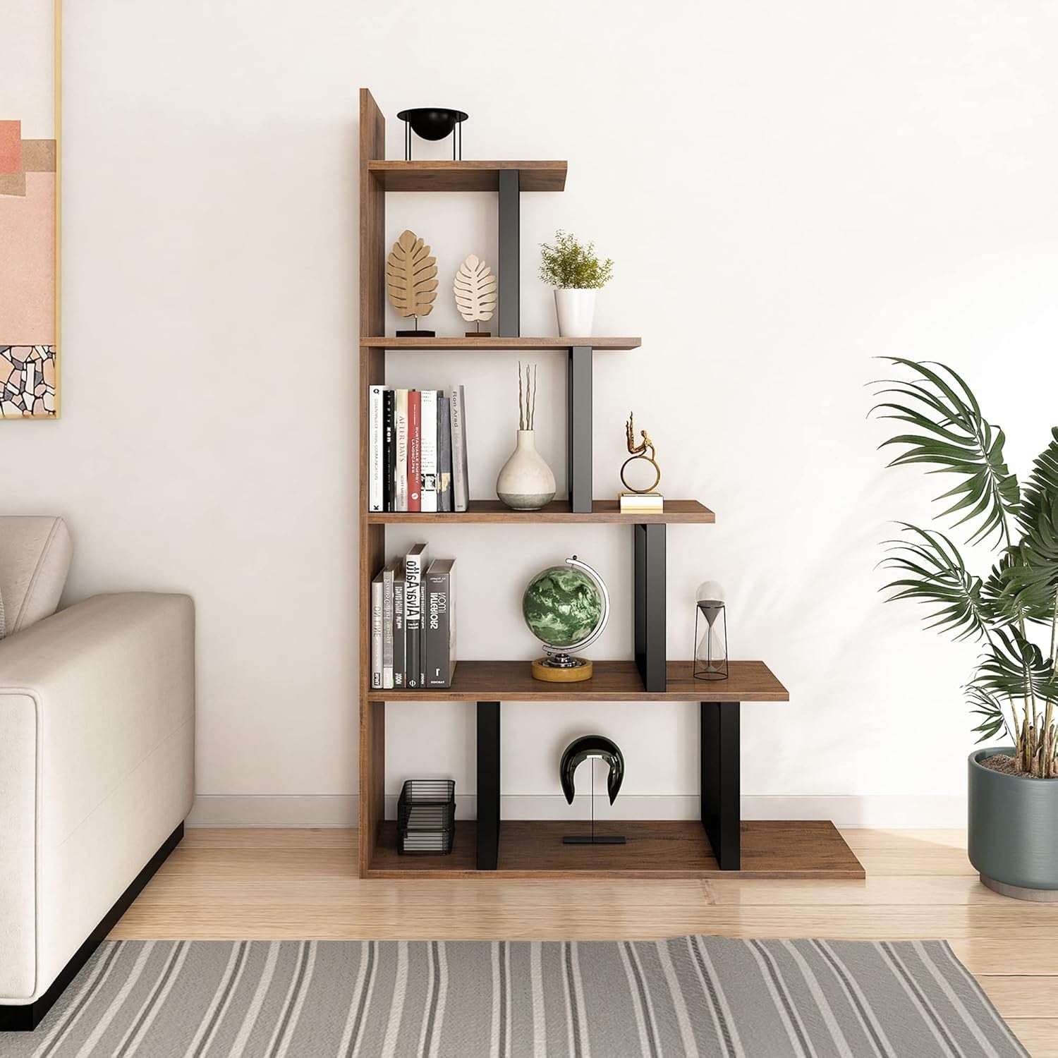 5-Tier L-Shaped Ladder Bookcase | Industrial Retro Brown Corner Shelf Unit