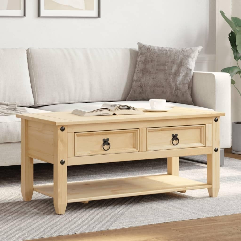 Solid Pine Coffee Table with Storage Drawers & Shelf | Rustic Wood 100x48x45cm