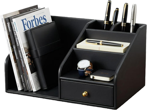 Black PU Leather Desk Organizer with A4 Magazine Rack & Pen Holder