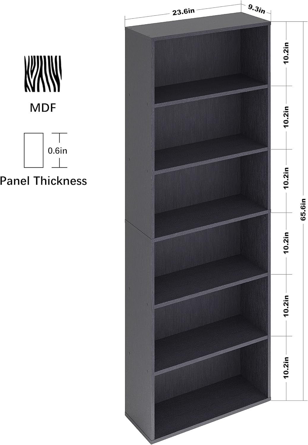 6-Tier Large Black Bookcase Tall Wooden Shelf Unit Modern Home Office Storage
