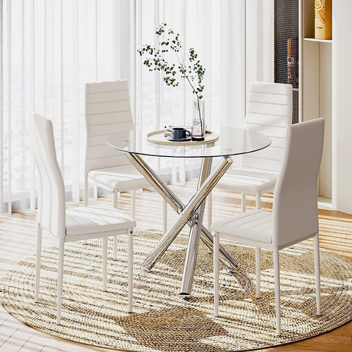 Round Glass Dining Table Set with 4 White PU Chairs 90cm Modern