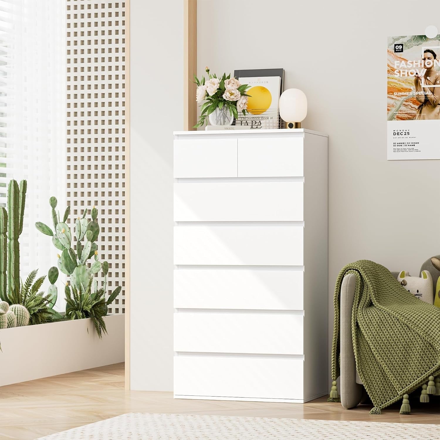 White 7 Drawer Tall Chest Modern Bedroom Storage Cabinet 60x40x119 cm