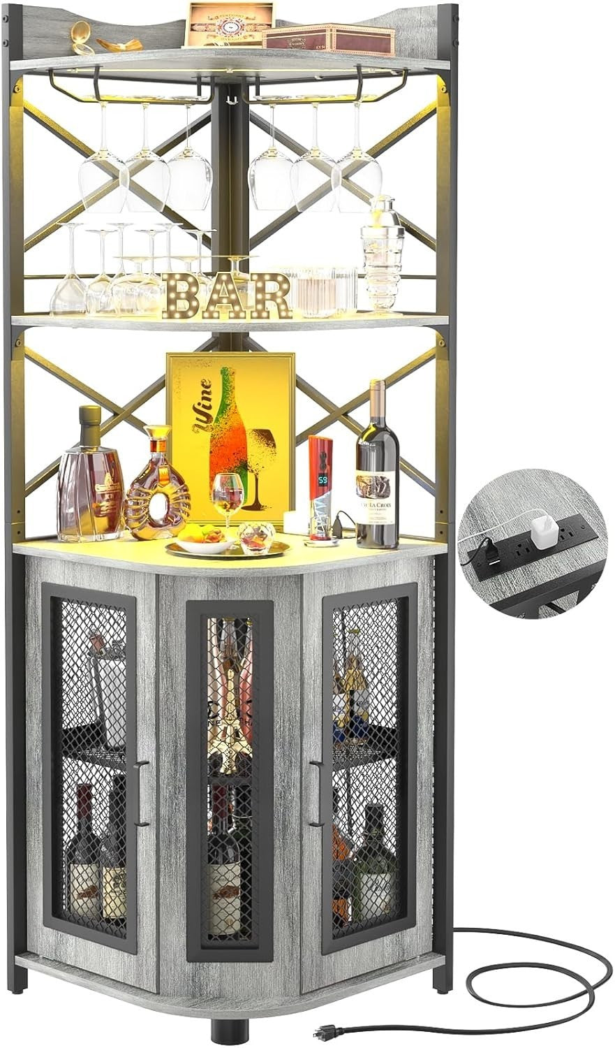 Corner Bar Cabinet with LED Lights & Power Outlets, 5-Tier Liquor Wine Storage