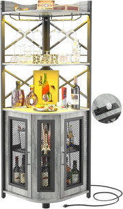 Corner Bar Cabinet with LED Lights & Power Outlets, 5-Tier Liquor Wine Storage