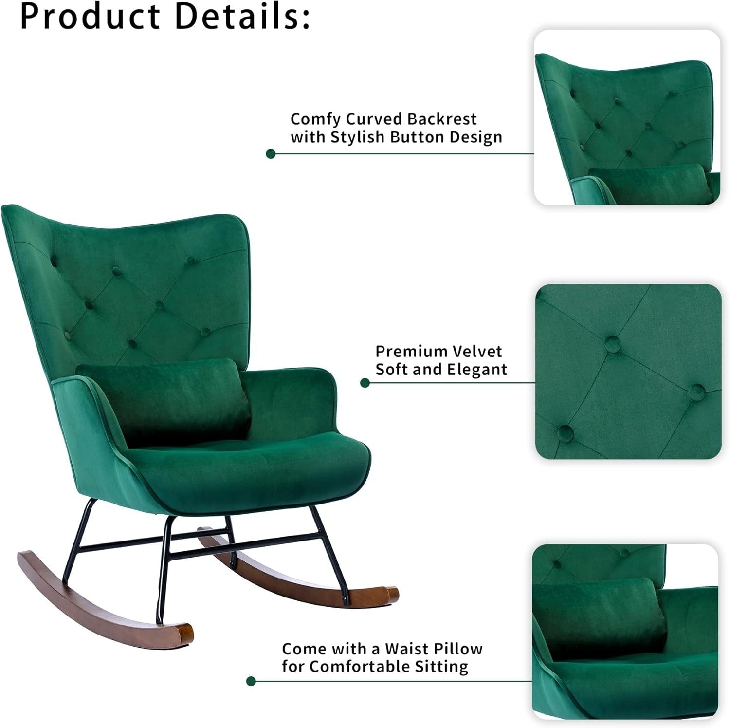 Velvet Rocking Chair for Adults – Comfy Armchair, Solid Wood Legs, Stylish Recli