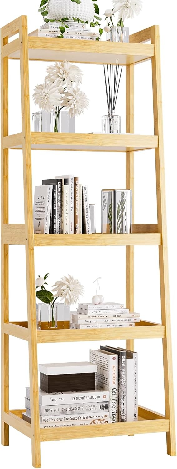 Natural Bamboo 5-Tier Ladder Bookcase, Tall Narrow Display Storage Shelf