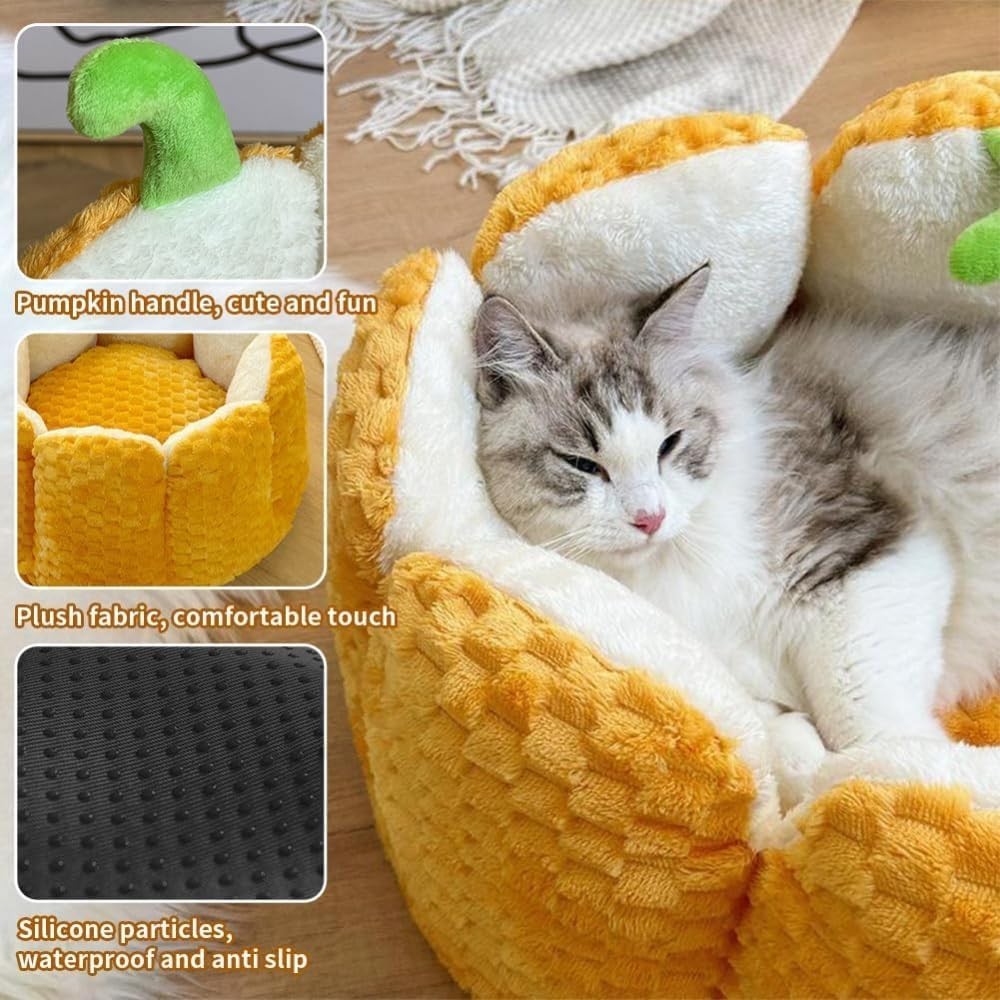 Pumpkin Cat Bed Plush Velvet Pet Cave Warm Washable Non Slip Bed
