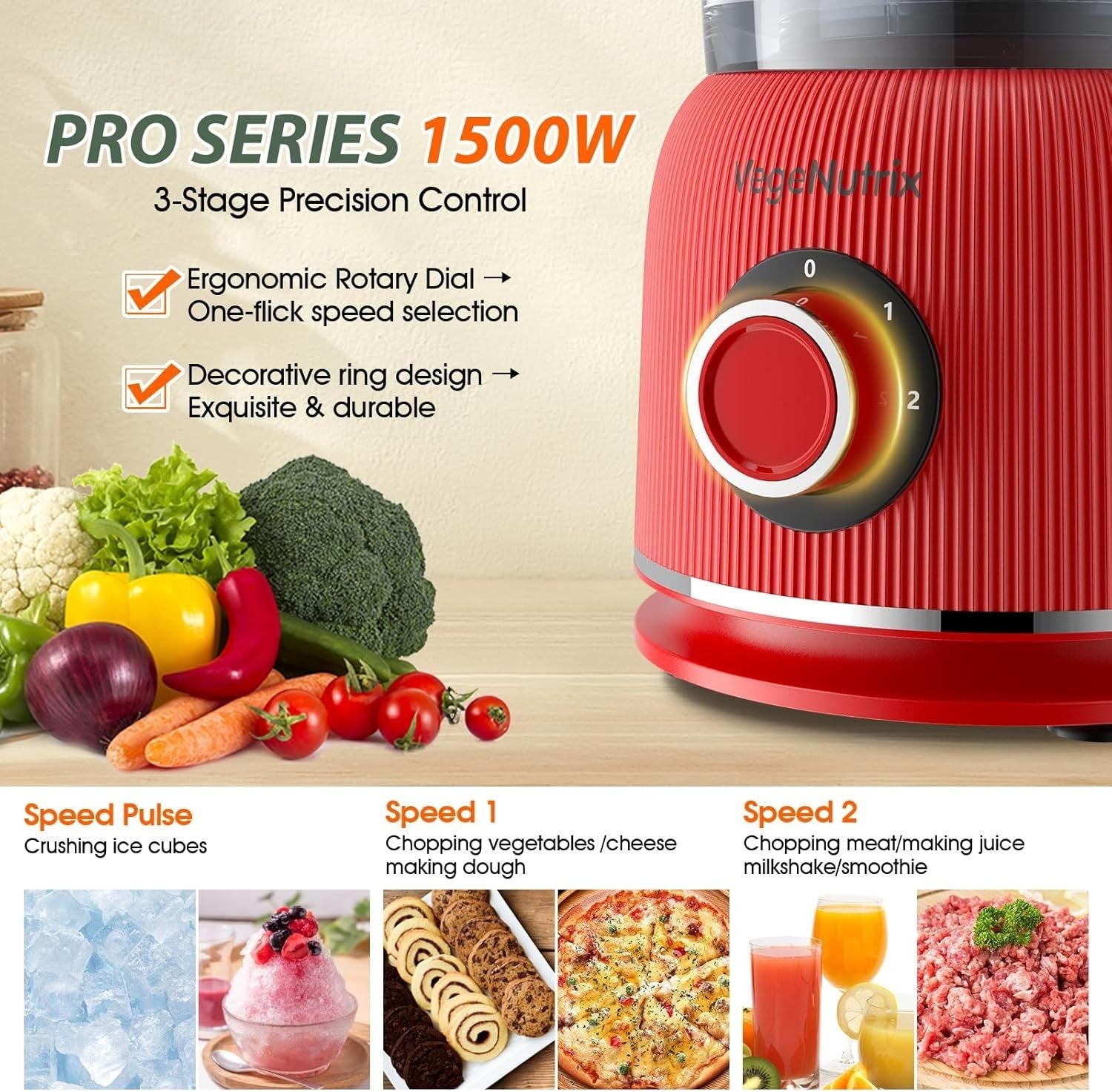 1500W Food Processor Blender Combo 2.5L Chopper 2L Glass Jar Red