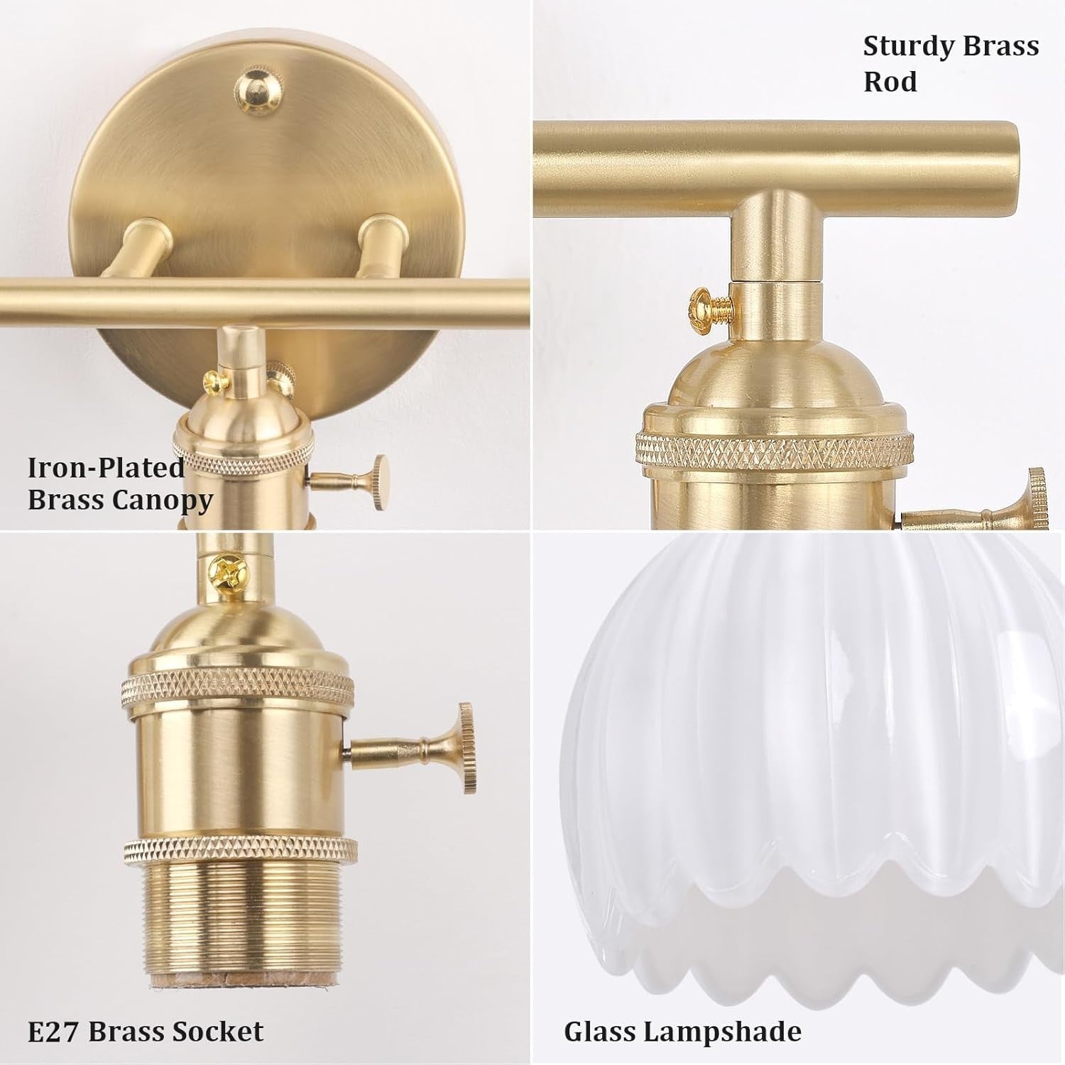 3-Light White Glass Wall Sconce Vanity Light Brass Fixture Bathroom Mirror