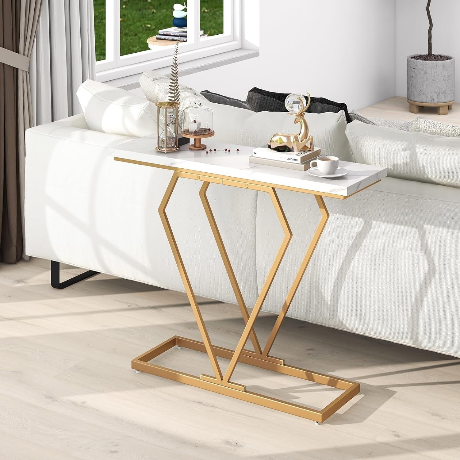 Narrow Console Table 100cm Marble Top with Gold Geometric Frame - Slim