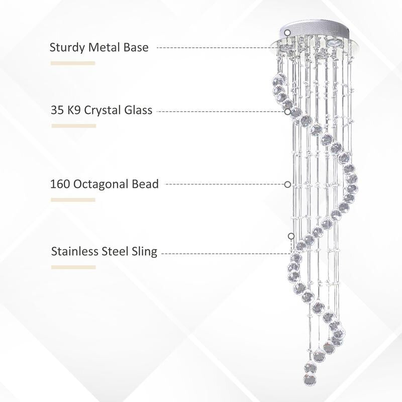 Modern Spiral Crystal Chandelier Pendant Light GU10 Ceiling Lamp 120cm Chrome