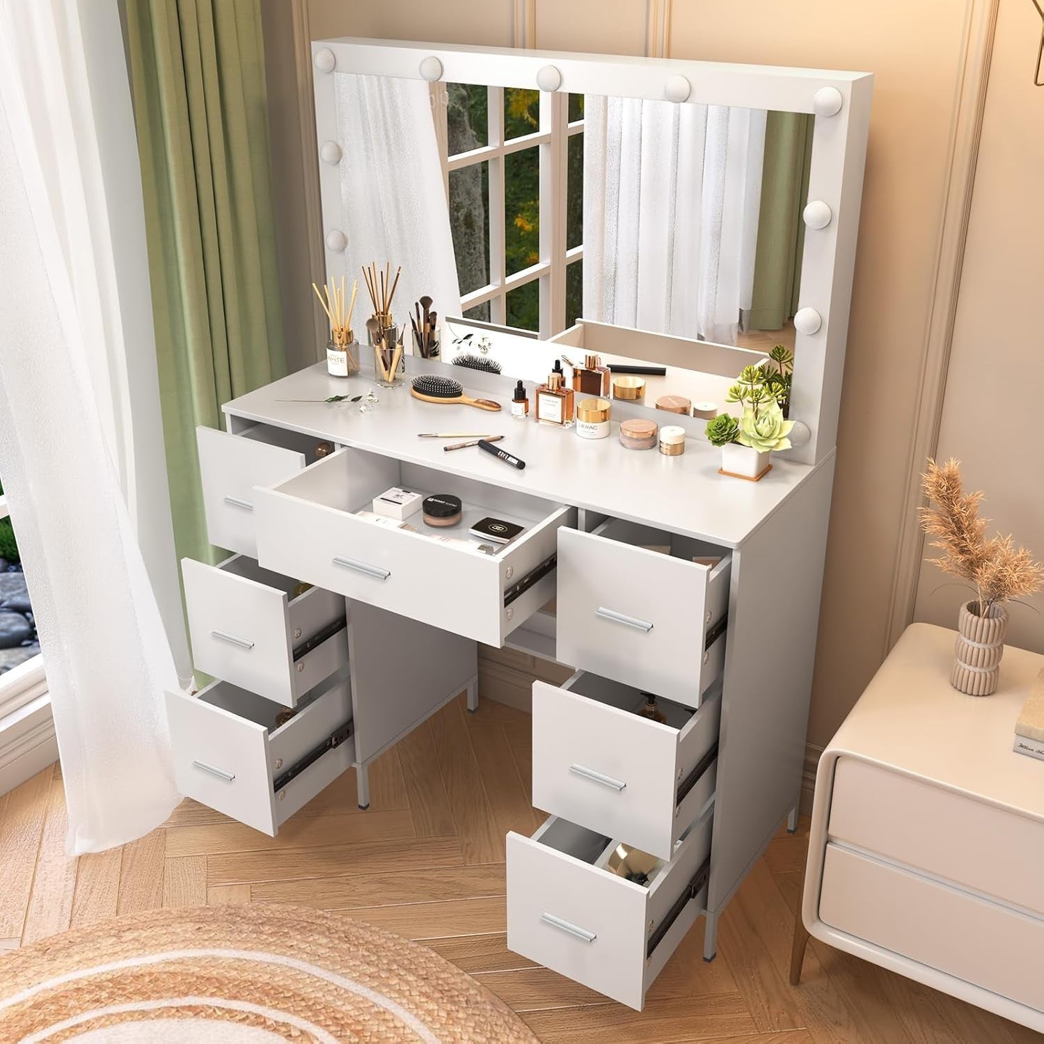 White Vanity Dressing Table with 11 LED Light Mirror, 7 Drawers, Modern Style