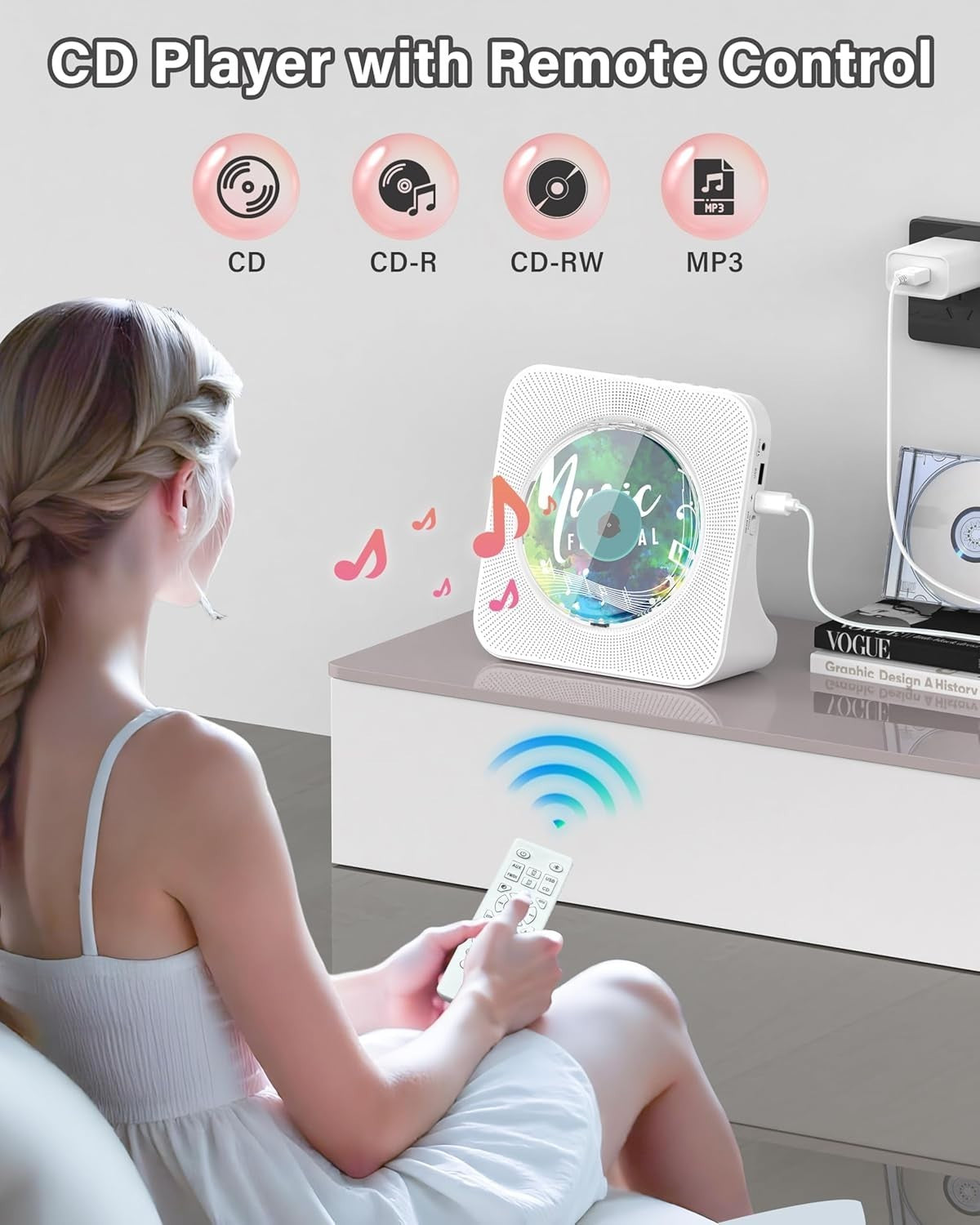 Bluetooth CD Player w Speakers FM Radio LCD Remote USB AUX White