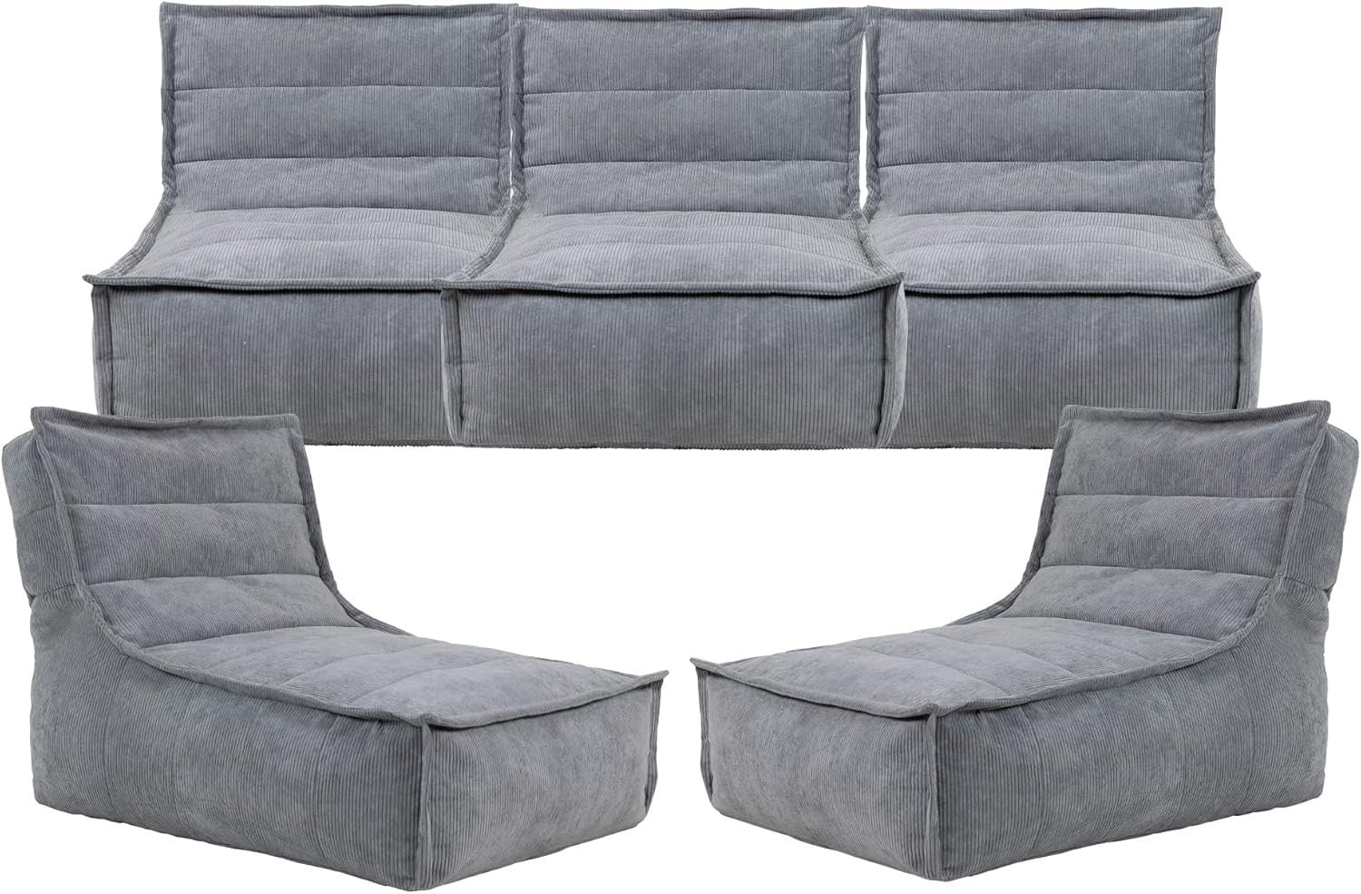 5pc Grey Cord Bean Bag Sofa Set | Large Lounge Chair Seating for Adults