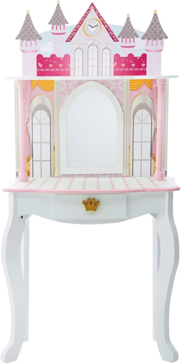 Kids Vanity Table Set w/ Mirror & Stool | Doll Play Area + Storage