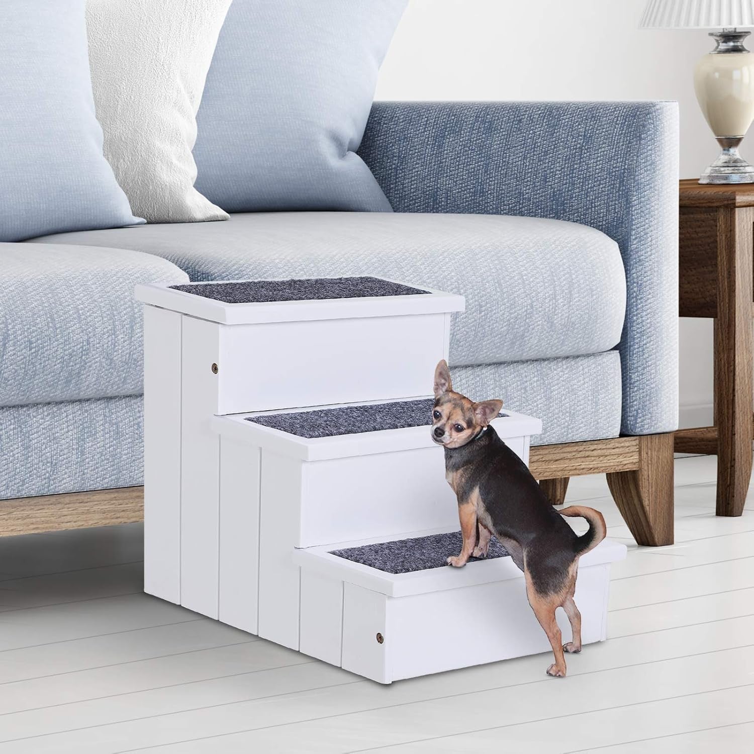 3-Step Wooden Dog Stairs Cat Ladder Bed Access with Storage White