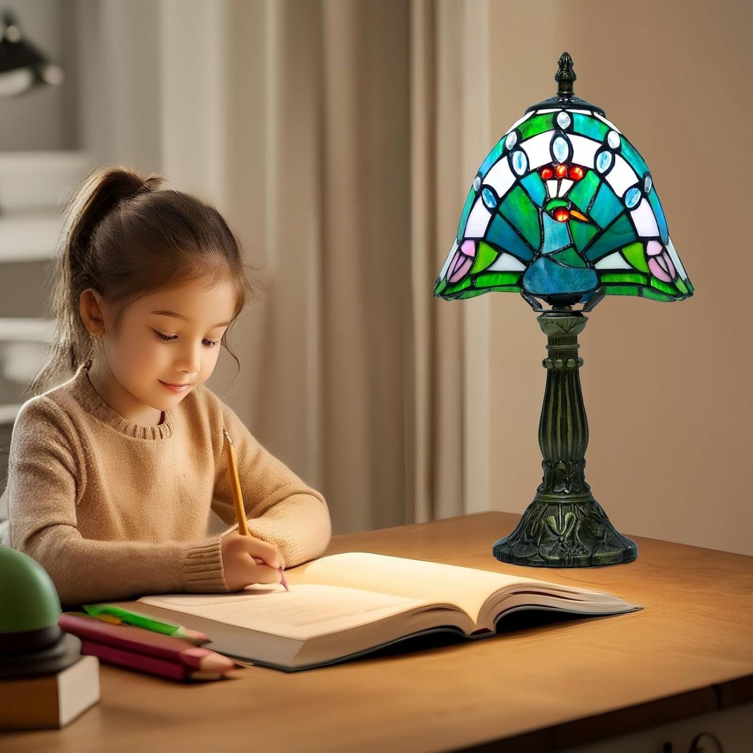 Vintage Peacock Tiffany Table Lamp, Dimmable LED, Resin Base, 20x20x37cm