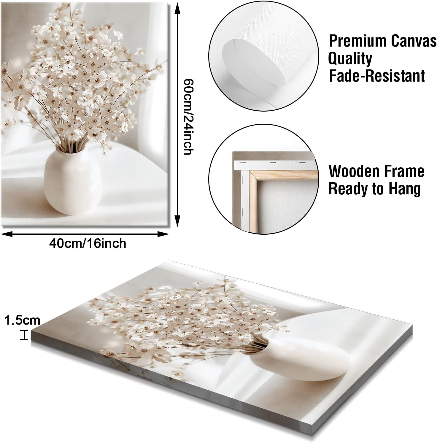 Set of 3 Boho Floral Canvas Wall Art 40x60cm