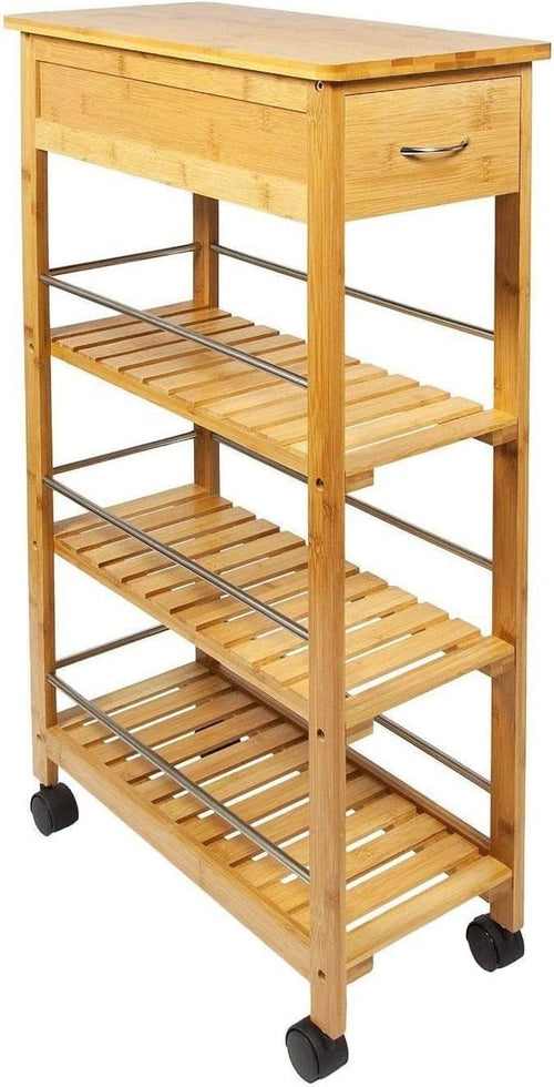 4 Tier Slim Bamboo Kitchen Trolley on Wheels Drawer Storage Cart Space Saver