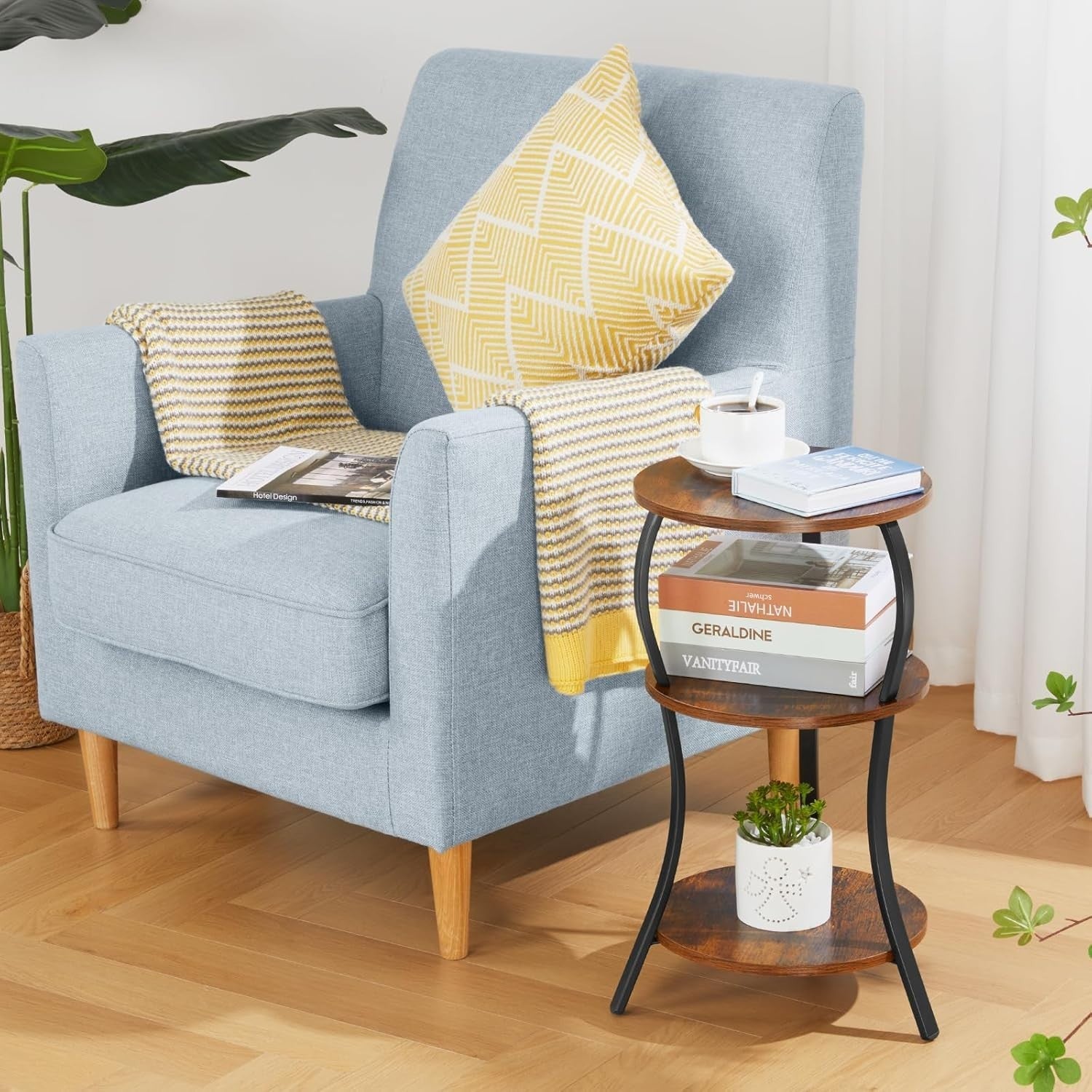 Brown 3-Tier Round Side Table 30x30x55 cm | Slim End Table w/ Storage