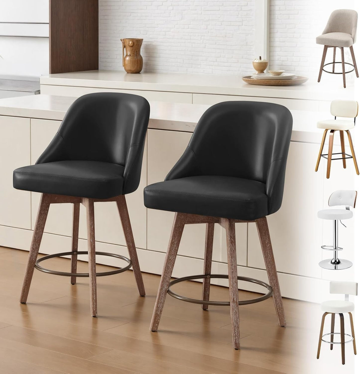 Swivel Counter Bar Stools Set of 2 PU Leather Wood 65cm Seat