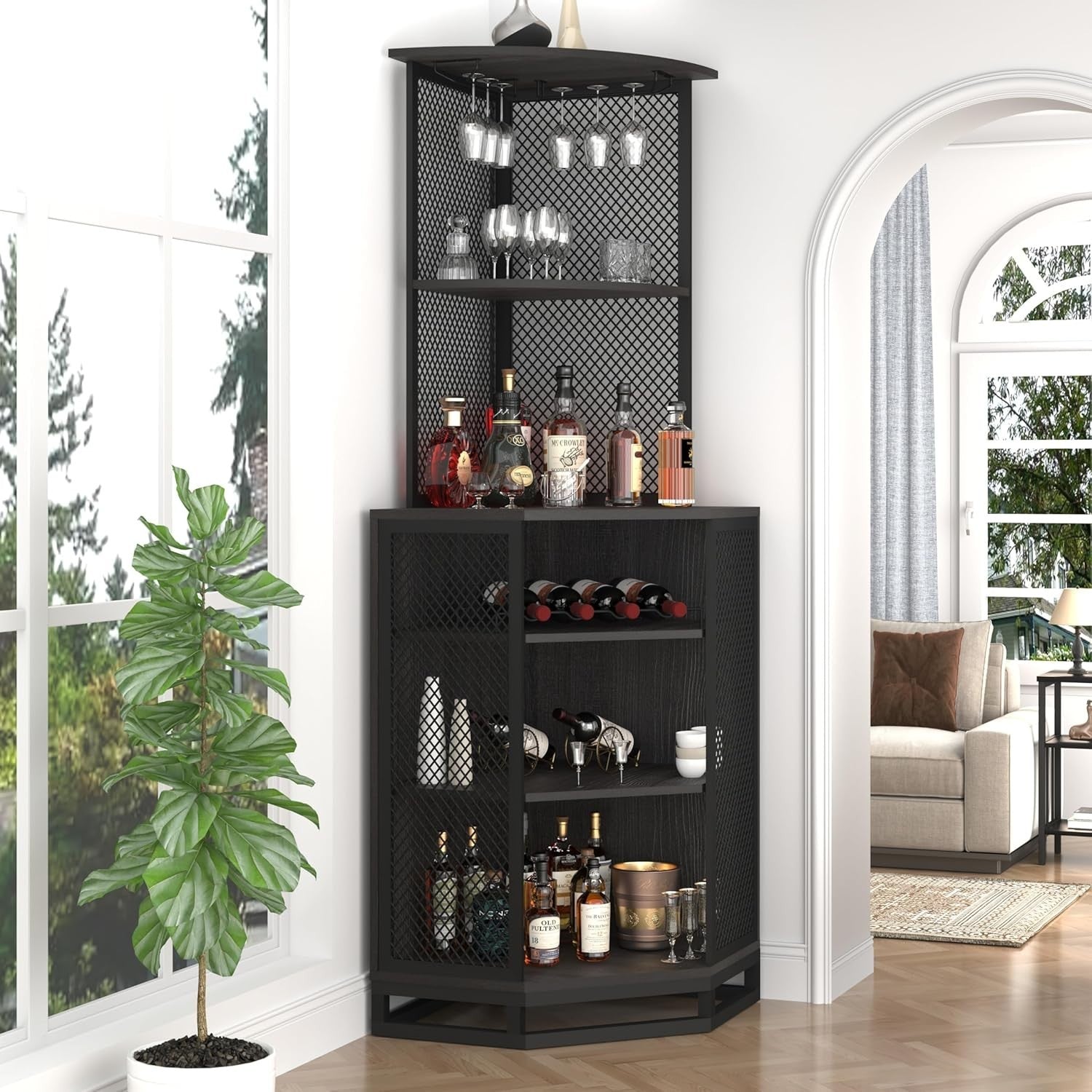 Tall Corner Bar Cabinet with Wine Rack & Adjustable Shelves Home Bar Unit