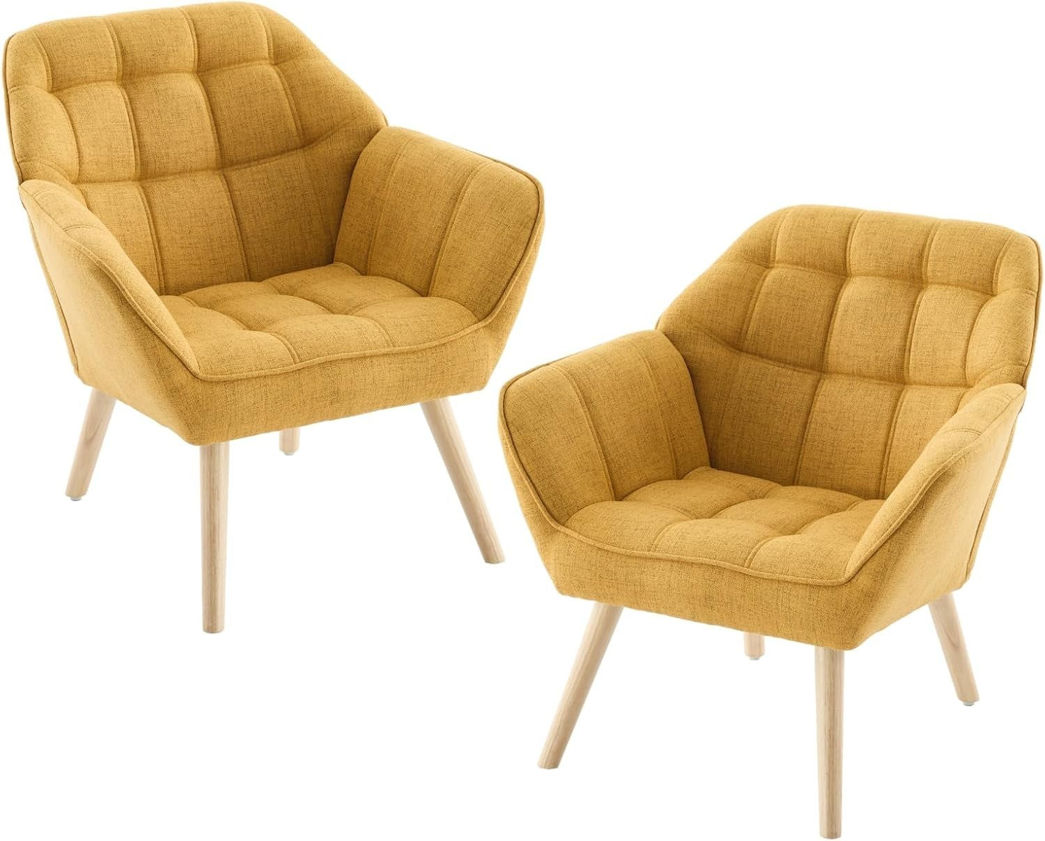 Set of 2 Yellow Linen Accent Armchairs Modern Tub Sofa Chair Wood Legs