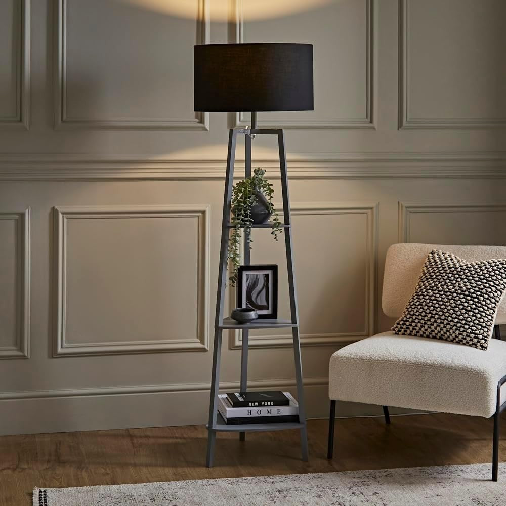 Modern Grey Wooden Floor Lamp with 3 Storage Shelves & LED Bulb, 156cm
